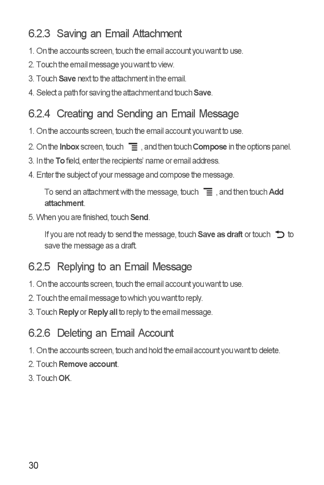 Huawei Ascend Y manual Saving an Email Attachment, Creating and Sending an Email Message, Replying to an Email Message 