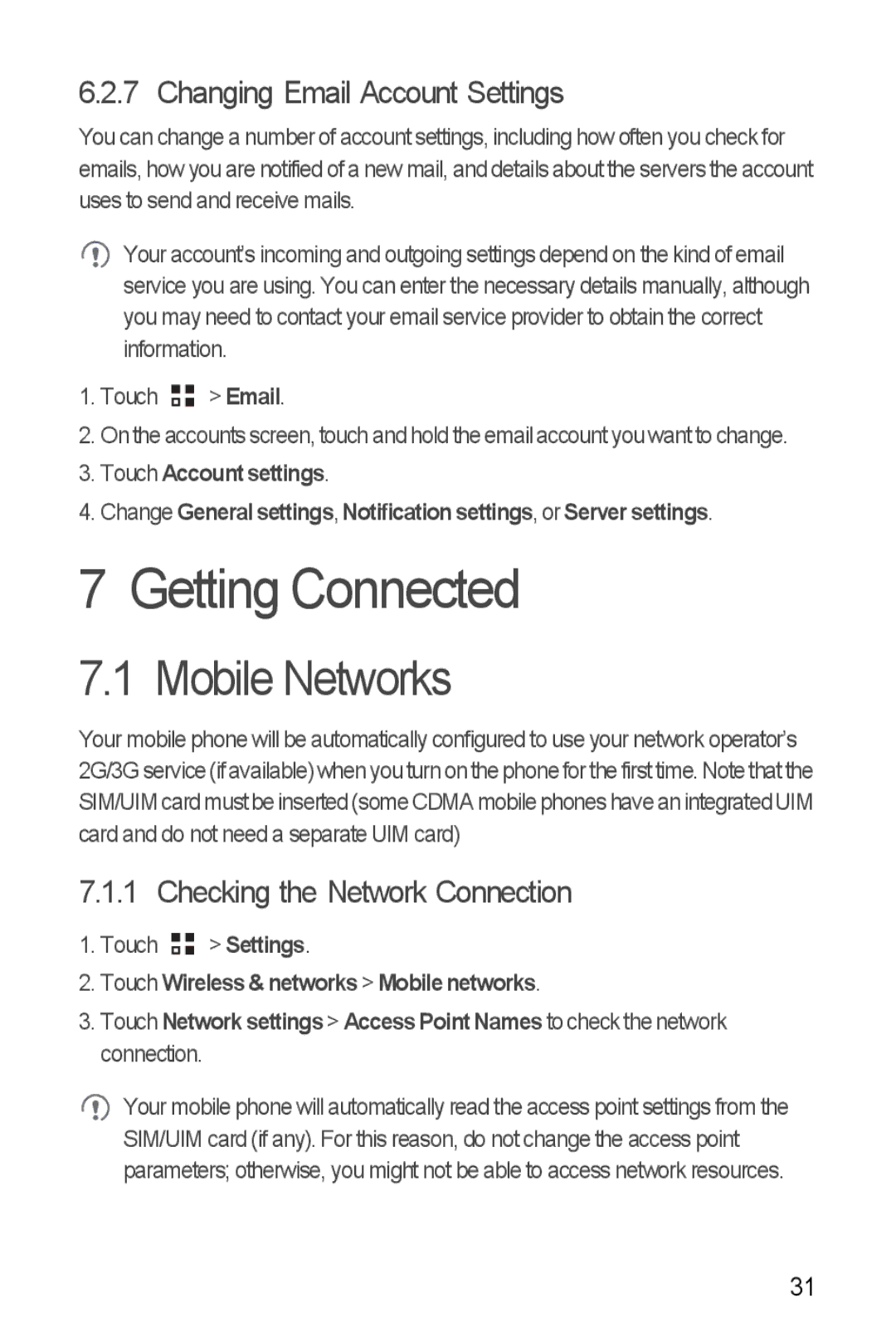 Huawei Ascend Y manual Getting Connected, Mobile Networks, Changing Email Account Settings, Checking the Network Connection 