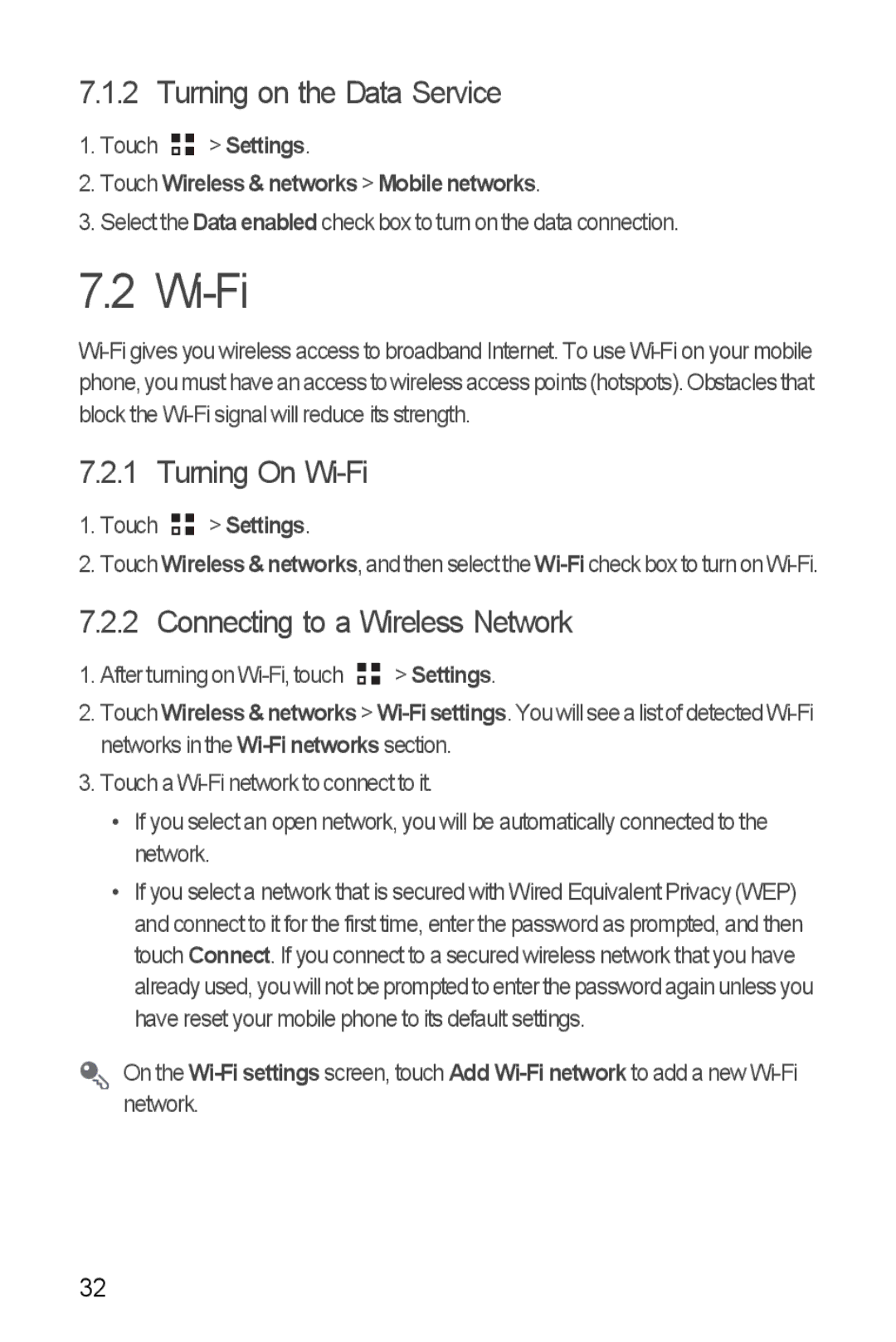 Huawei Ascend Y manual Turning on the Data Service, Turning On Wi-Fi, Connecting to a Wireless Network 