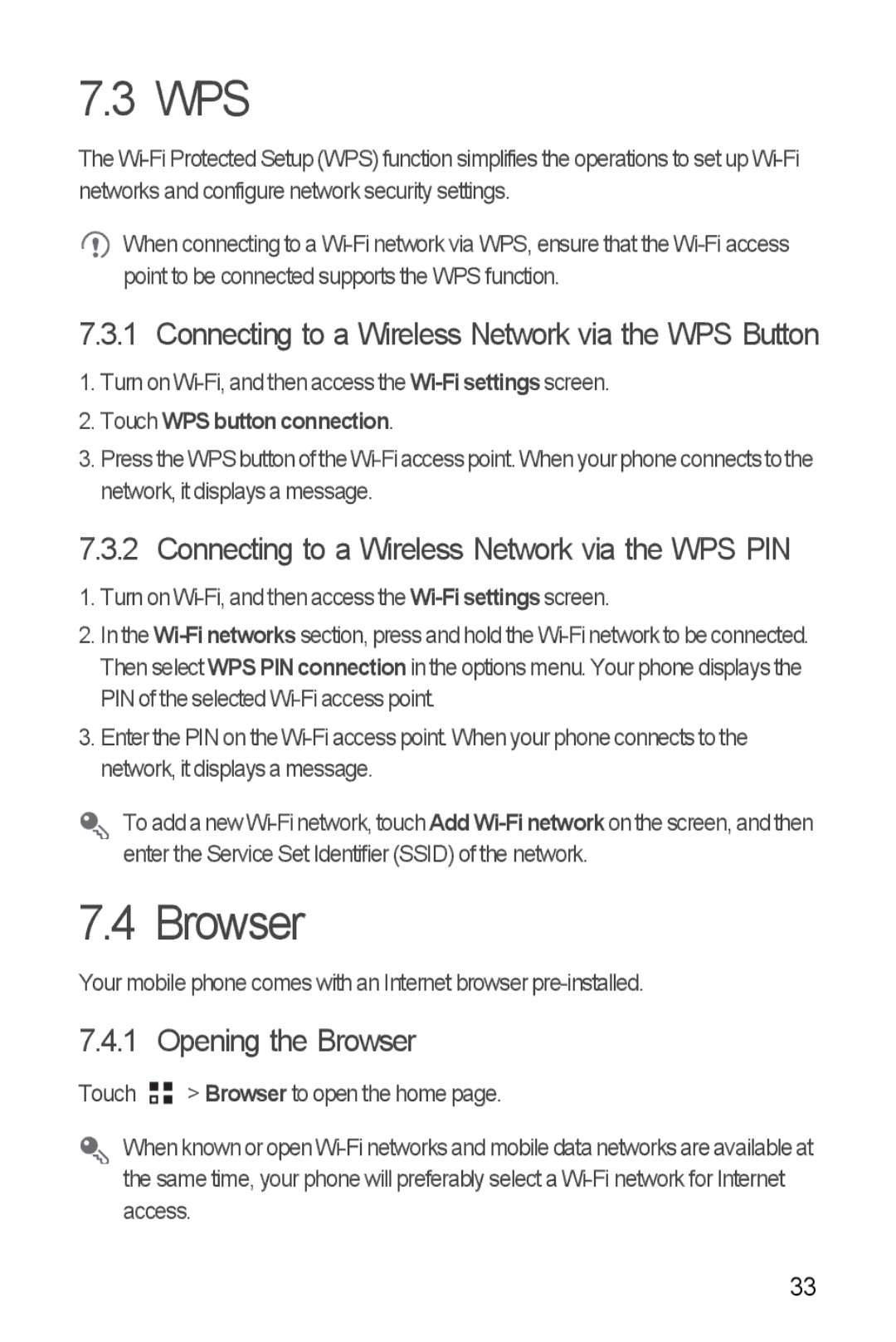 Huawei Ascend Y manual Wps, Connecting to a Wireless Network via the WPS PIN, Opening the Browser 