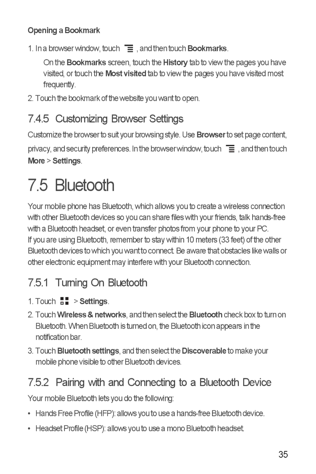 Huawei Ascend Y Customizing Browser Settings, Turning On Bluetooth, Pairing with and Connecting to a Bluetooth Device 