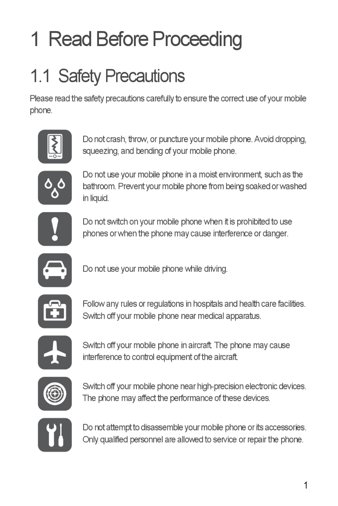 Huawei Ascend Y manual Read Before Proceeding, Safety Precautions 