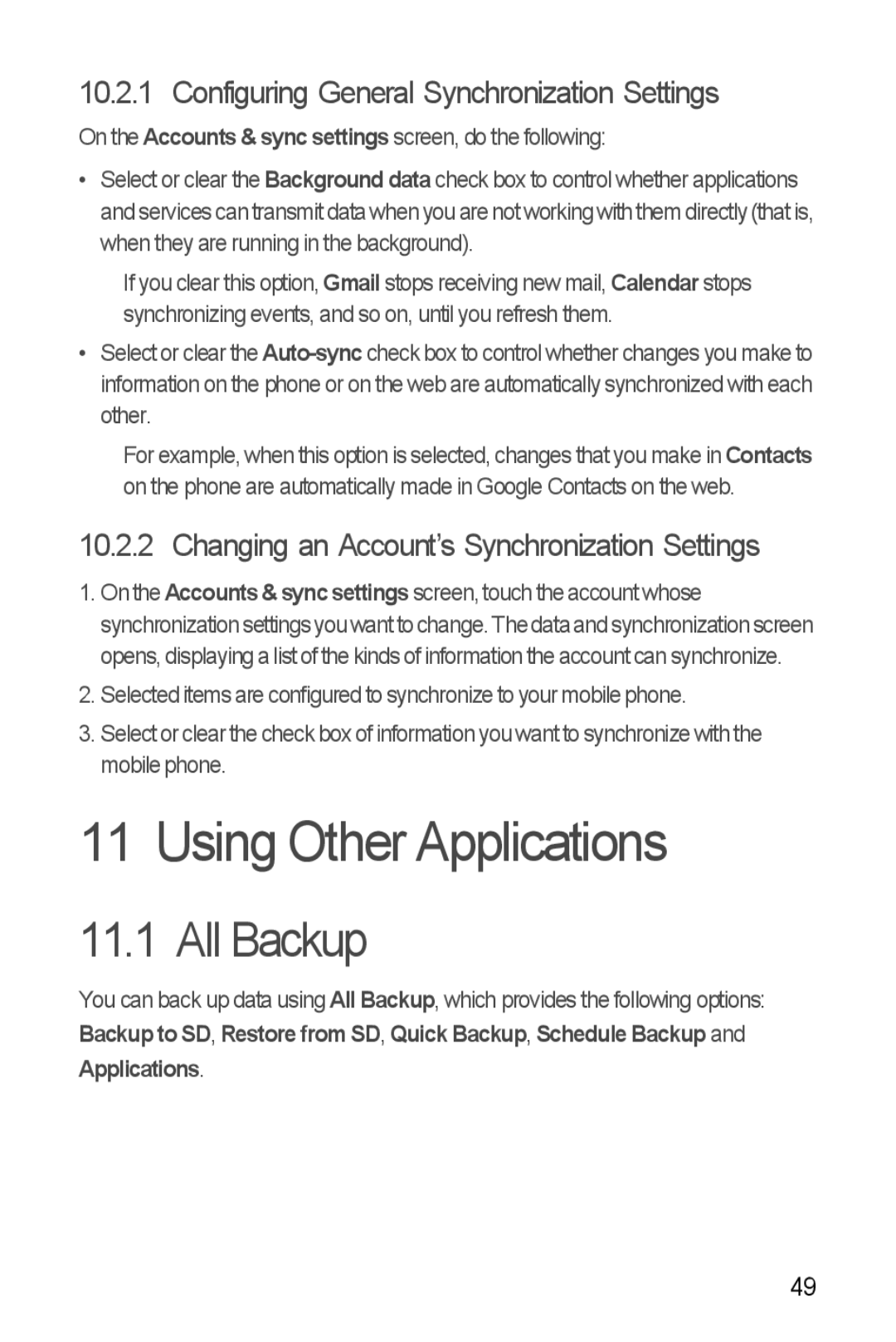 Huawei Ascend Y manual Using Other Applications, All Backup, Configuring General Synchronization Settings 