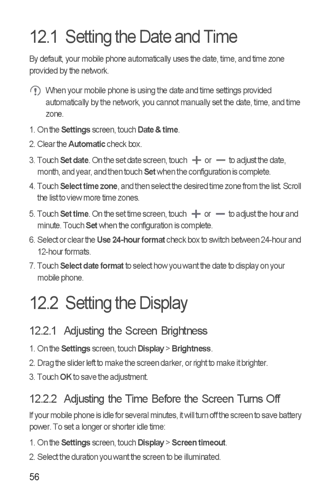 Huawei Ascend Y manual Setting the Date and Time, Setting the Display, Adjusting the Screen Brightness 