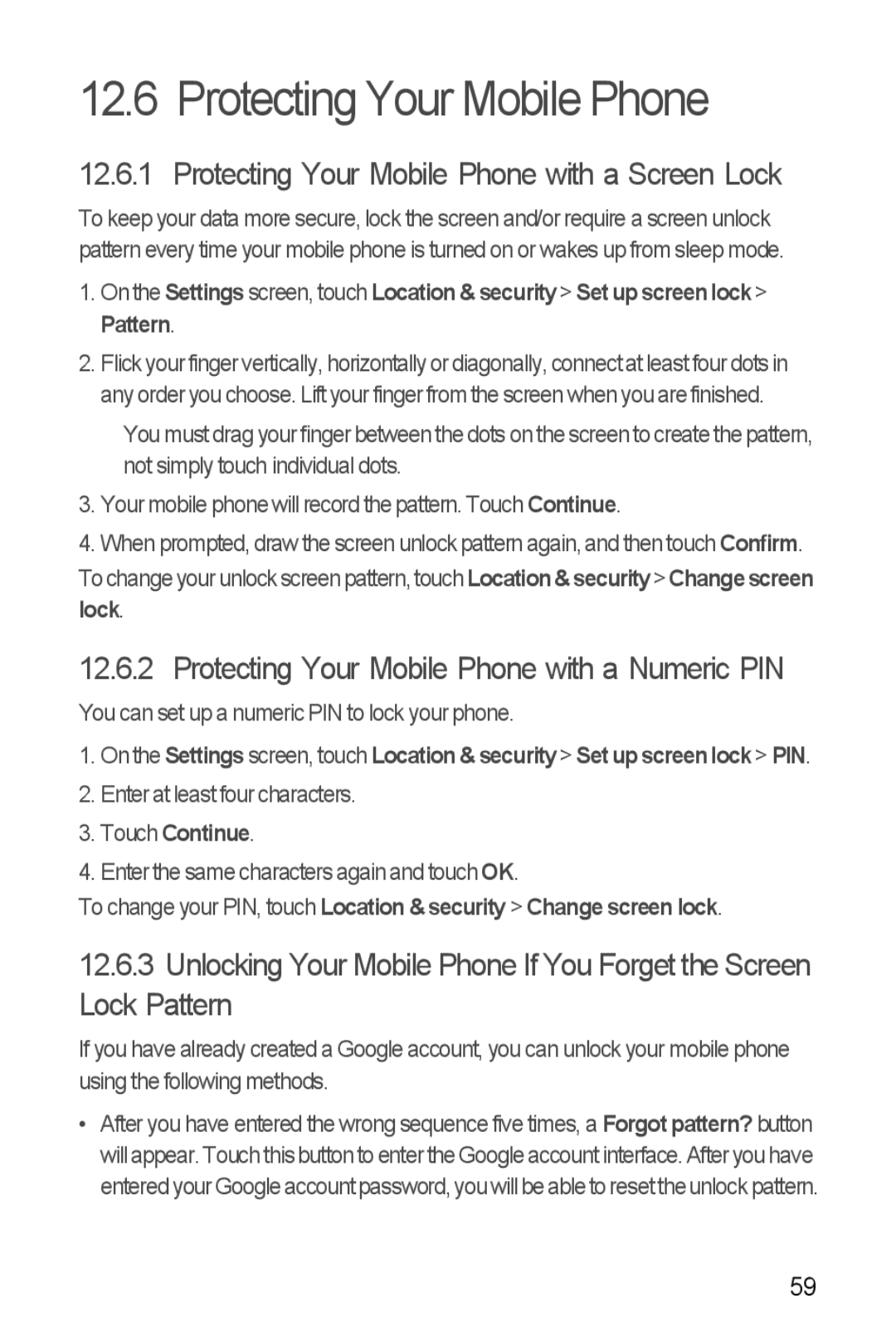 Huawei Ascend Y manual Protecting Your Mobile Phone with a Screen Lock, Protecting Your Mobile Phone with a Numeric PIN 