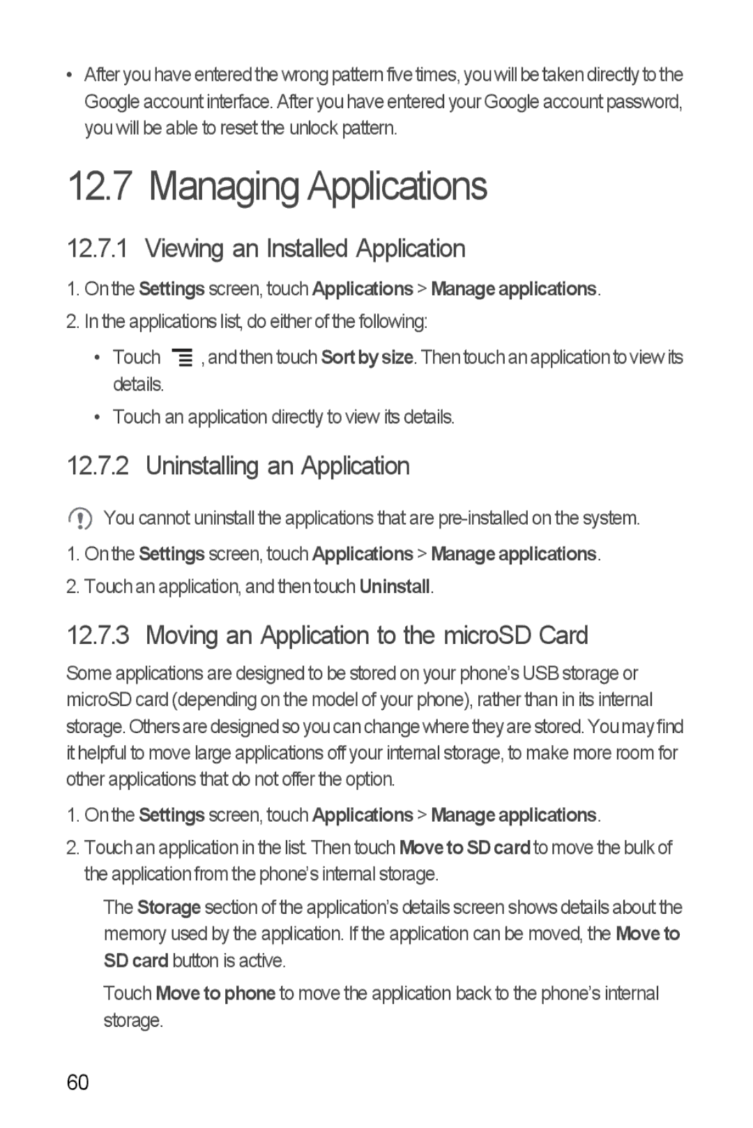 Huawei Ascend Y manual Managing Applications, Viewing an Installed Application, Uninstalling an Application 