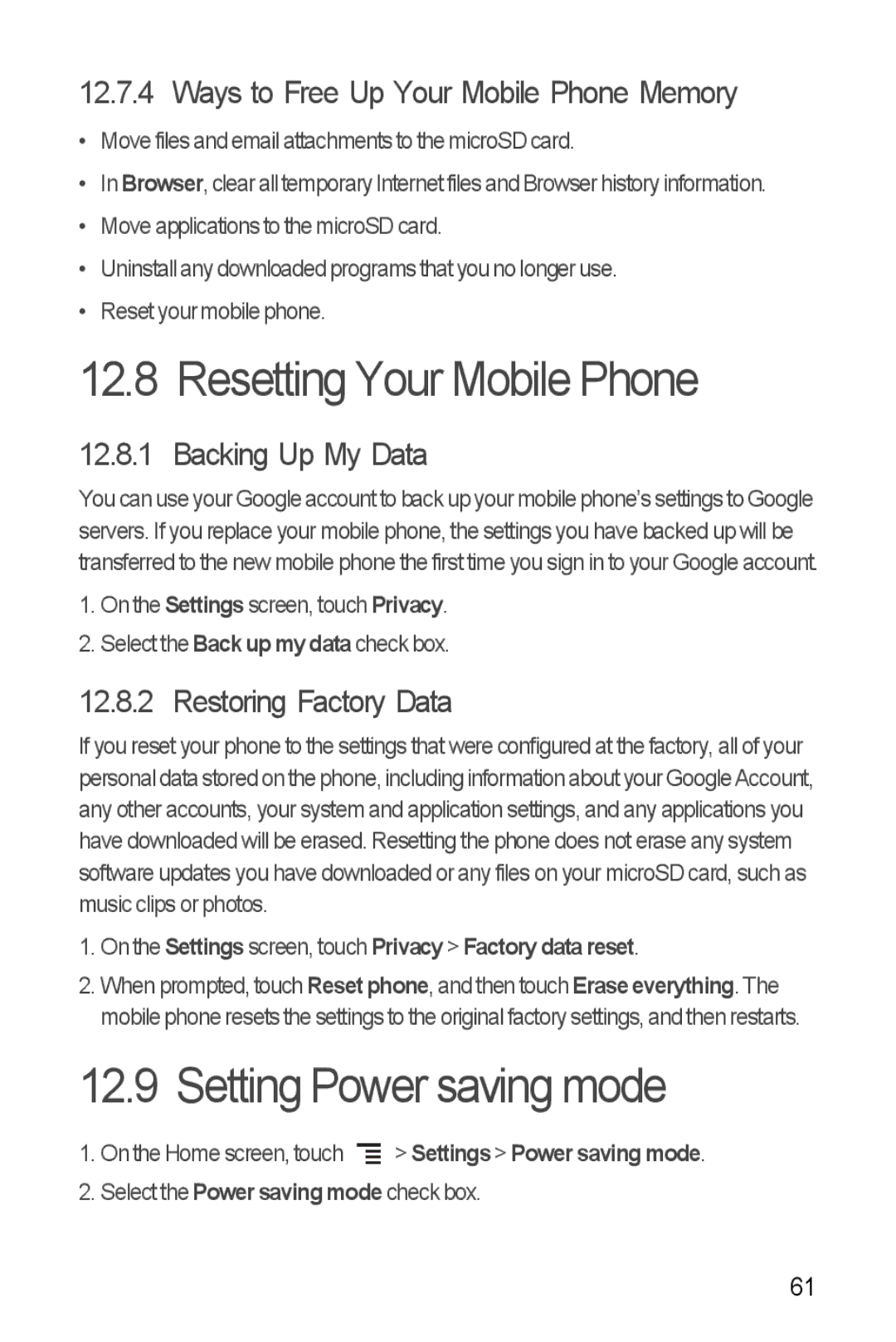 Huawei Ascend Y manual Resetting Your Mobile Phone, Setting Power saving mode, Ways to Free Up Your Mobile Phone Memory 