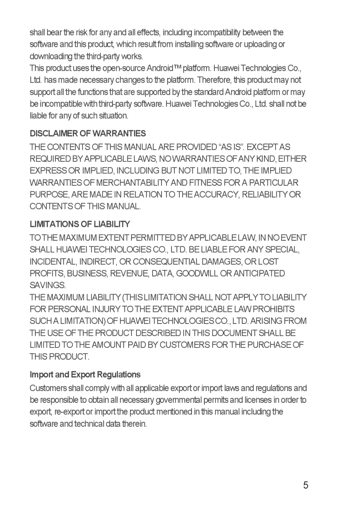 Huawei Ascend Y manual Disclaimer of Warranties, Import and Export Regulations 