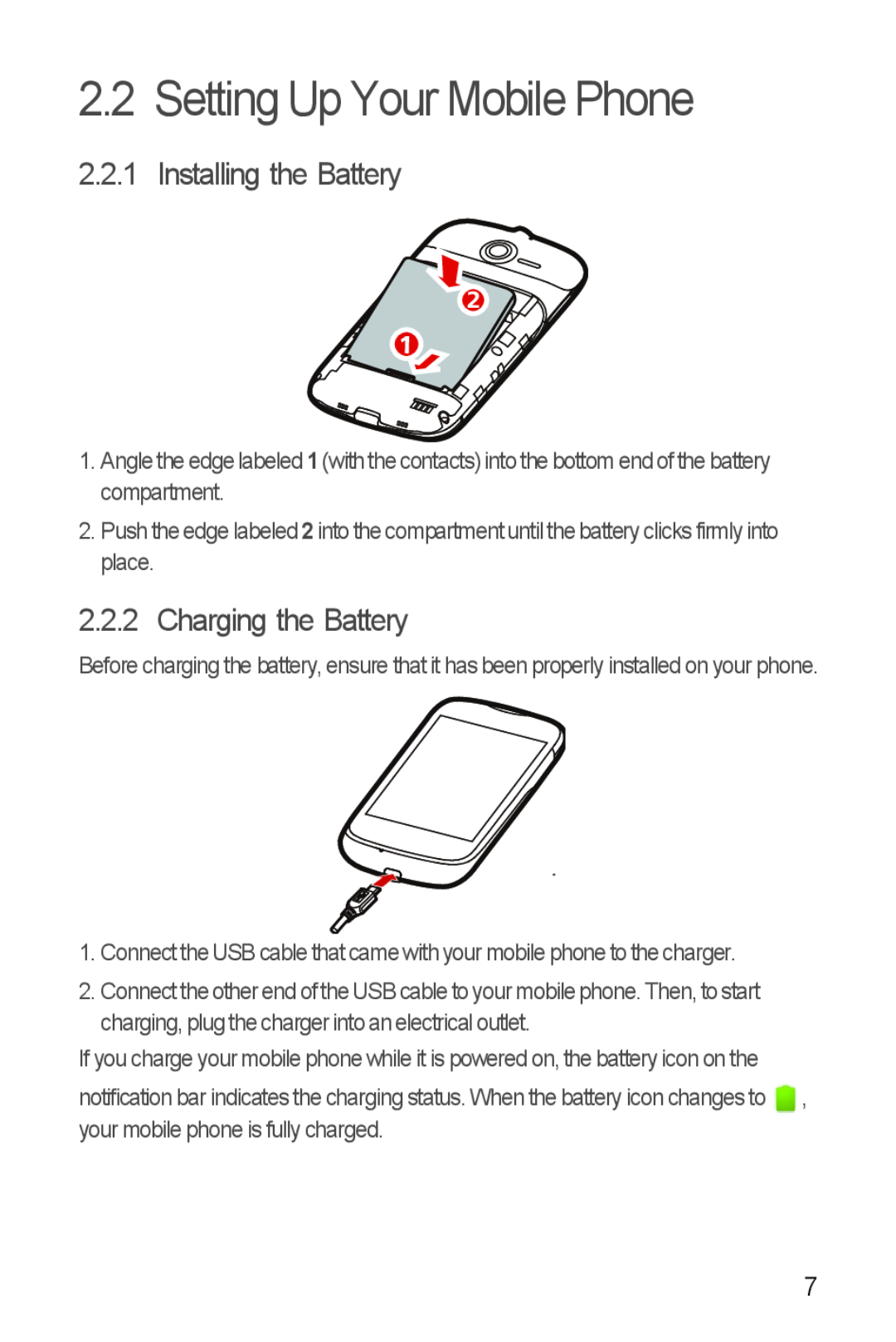 Huawei Ascend Y manual Setting Up Your Mobile Phone, Installing the Battery, Charging the Battery 
