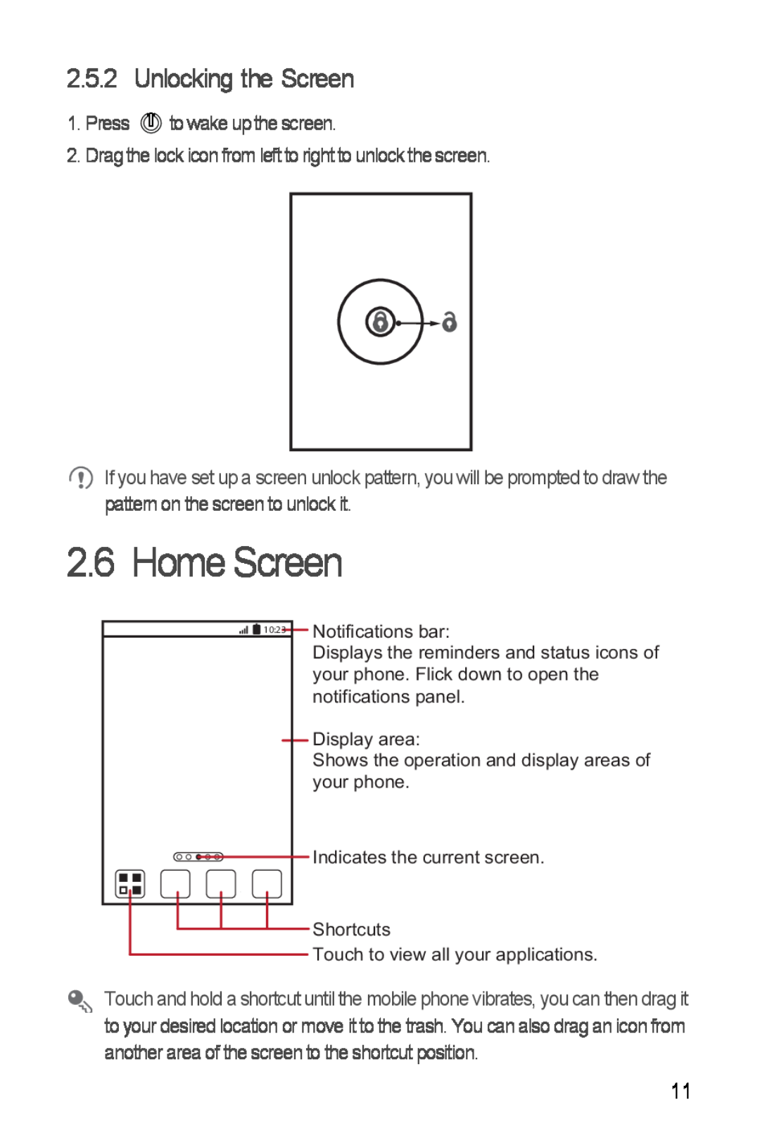 Huawei Ascend Y manual Home Screen, Unlocking the Screen 