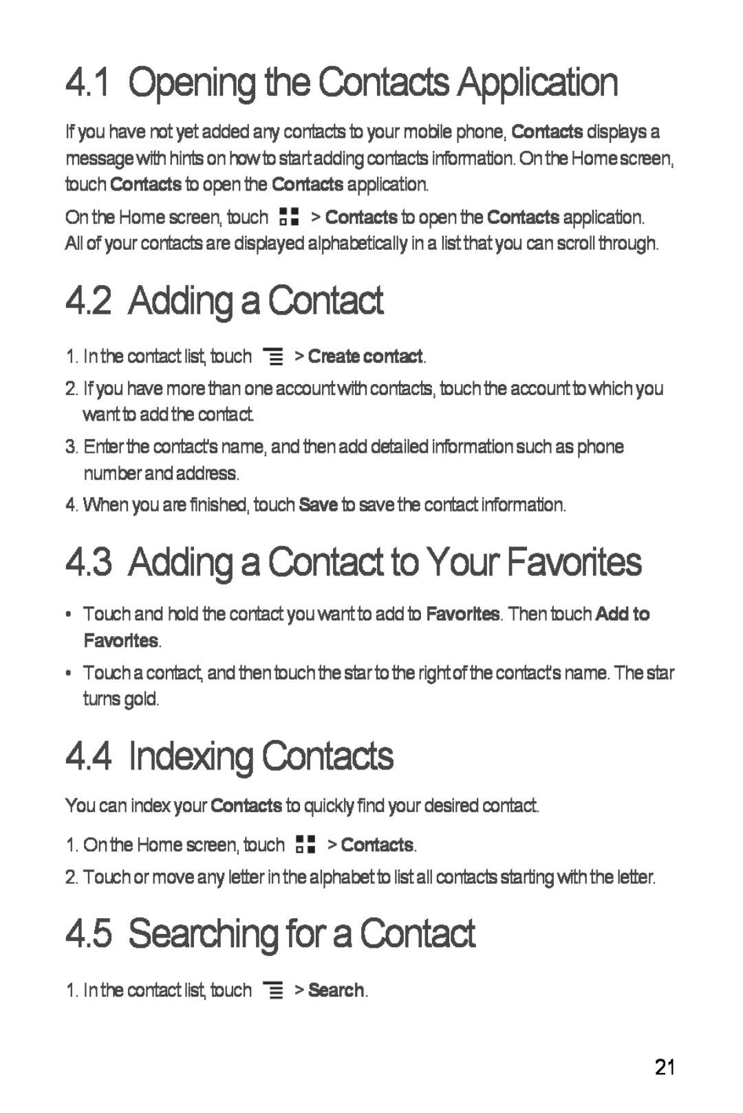 Huawei Ascend Y manual Opening the Contacts Application, Adding a Contact to Your Favorites, Indexing Contacts 