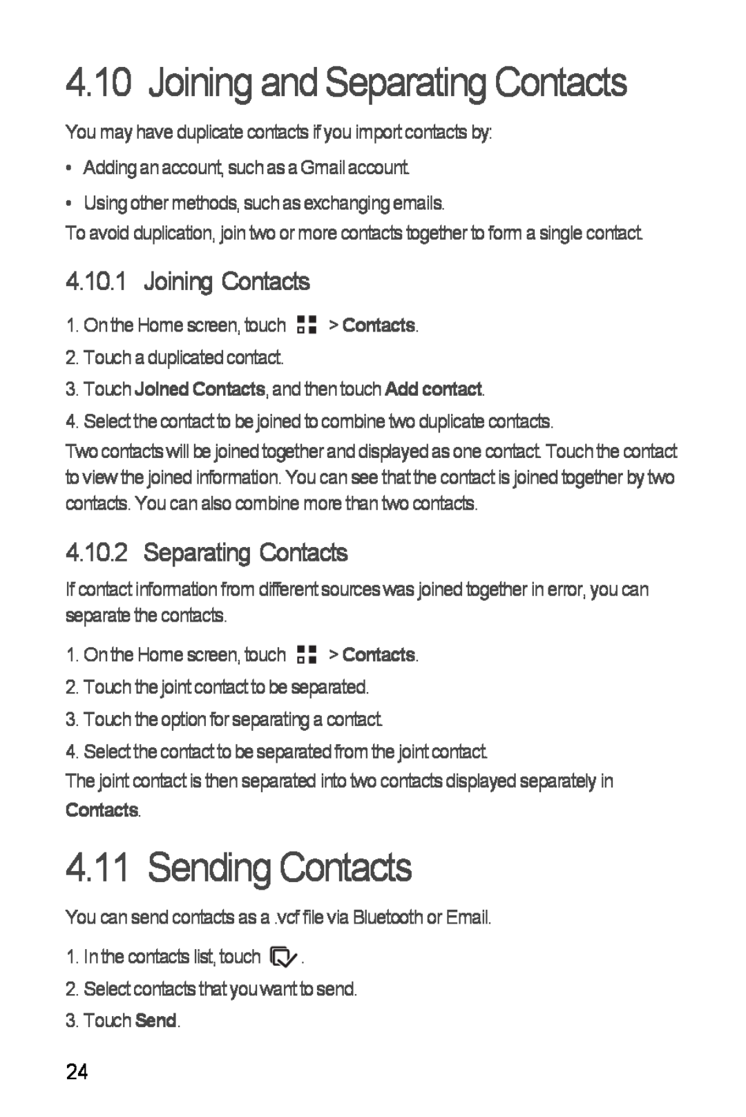 Huawei Ascend Y manual Joining and Separating Contacts, Sending Contacts, Joining Contacts 