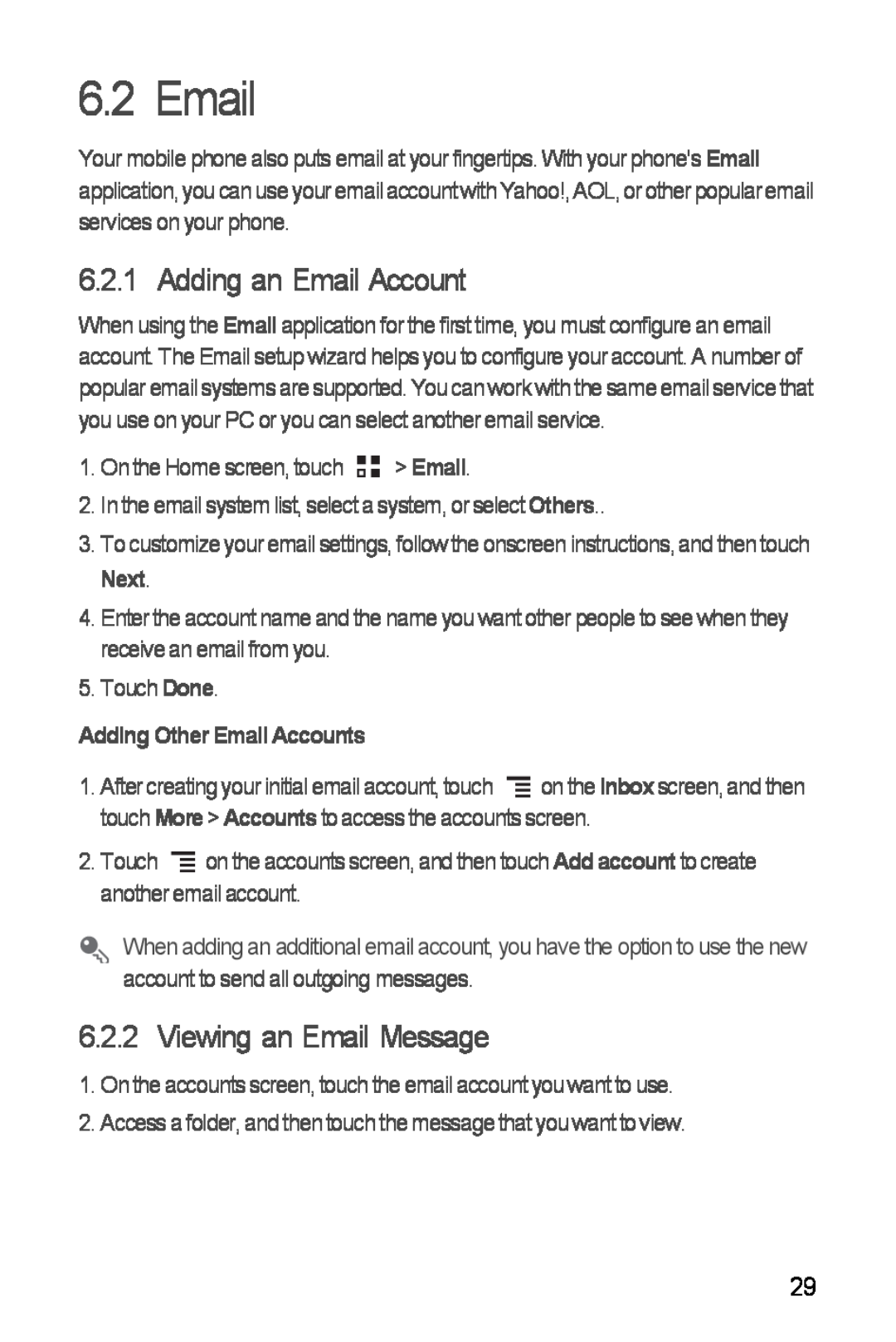 Huawei Ascend Y manual Adding an Email Account, Viewing an Email Message, Adding Other Email Accounts 