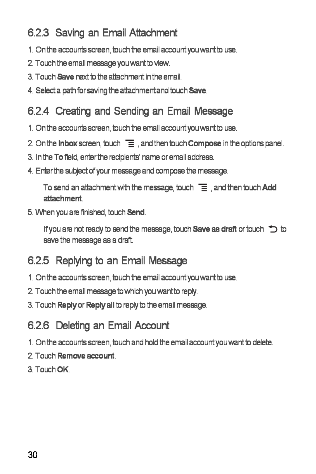 Huawei Ascend Y manual Saving an Email Attachment, Creating and Sending an Email Message, Replying to an Email Message 