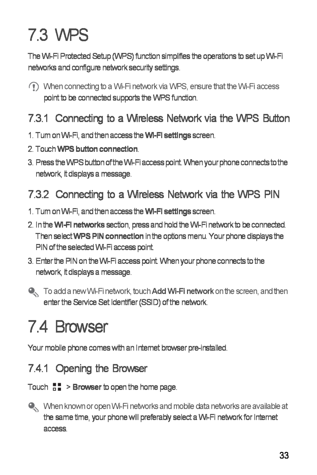 Huawei Ascend Y manual 7.3 WPS, Connecting to a Wireless Network via the WPS PIN, Opening the Browser 