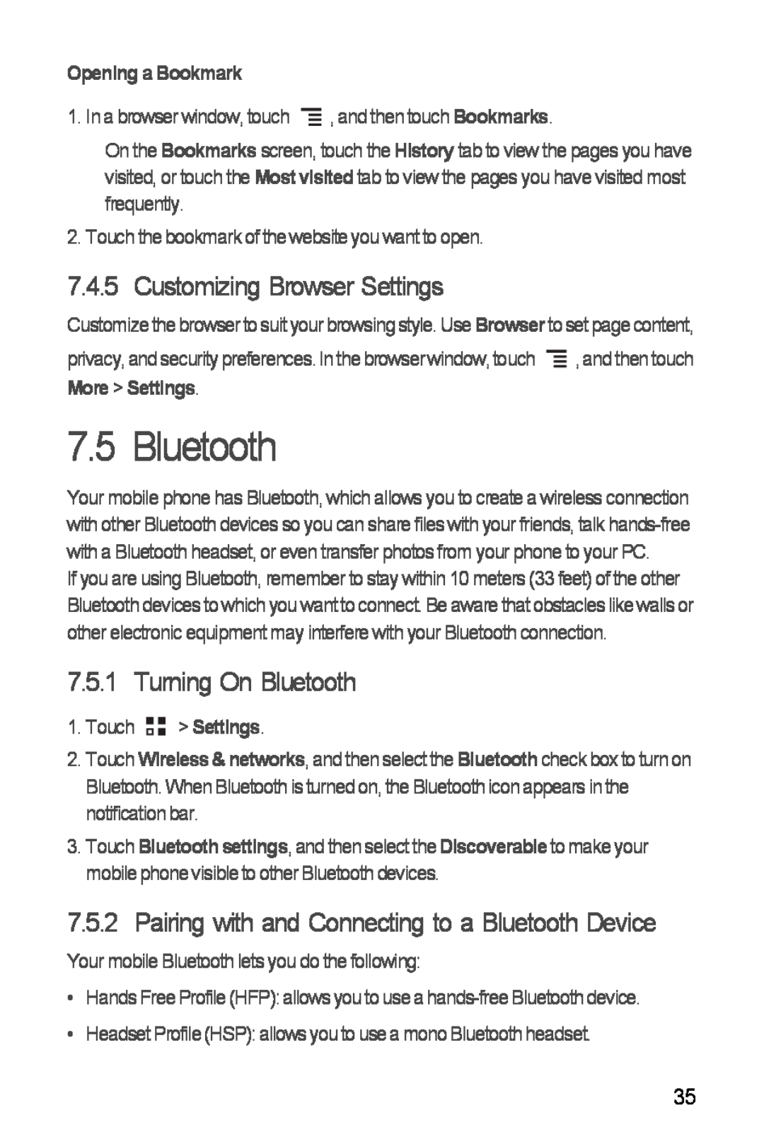 Huawei Ascend Y Customizing Browser Settings, Turning On Bluetooth, Pairing with and Connecting to a Bluetooth Device 