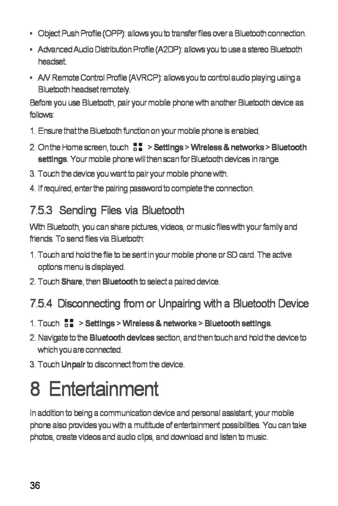 Huawei Ascend Y manual Entertainment, Sending Files via Bluetooth, Touch Settings Wireless & networks Bluetooth settings 