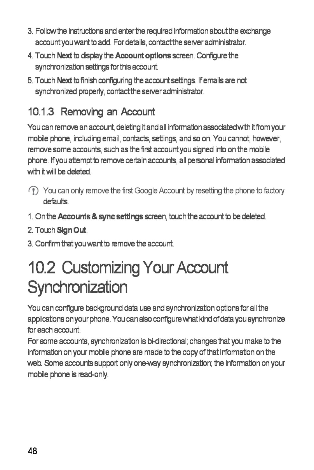 Huawei Ascend Y manual Customizing Your Account Synchronization, Removing an Account, Touch Sign Out 
