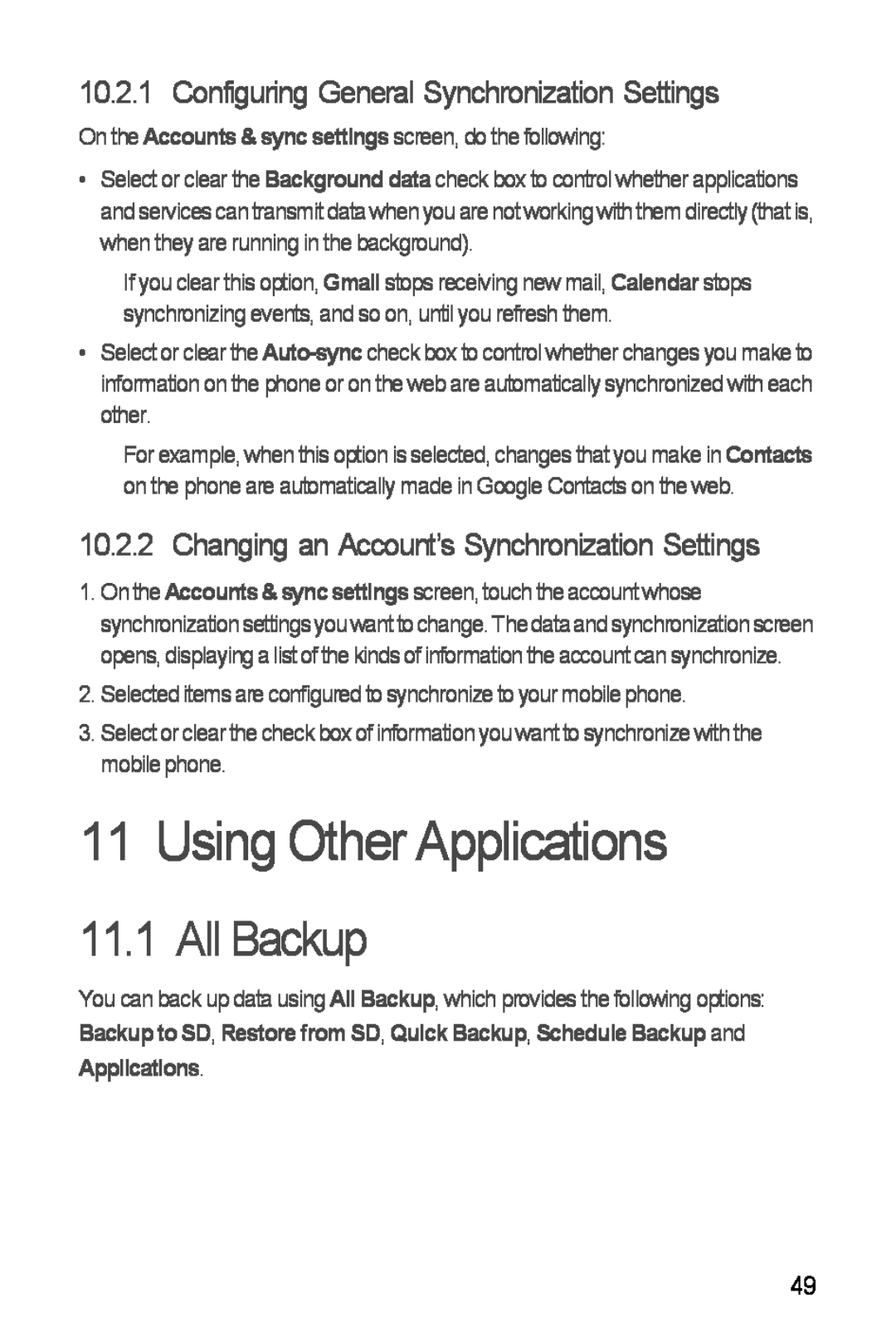 Huawei Ascend Y manual Using Other Applications, All Backup, Configuring General Synchronization Settings 
