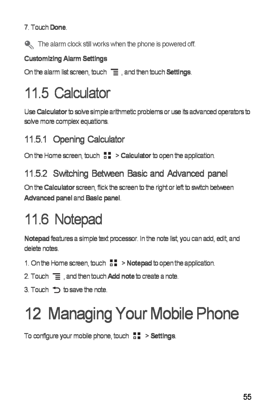 Huawei Ascend Y Managing Your Mobile Phone, Notepad, Opening Calculator, Switching Between Basic and Advanced panel 