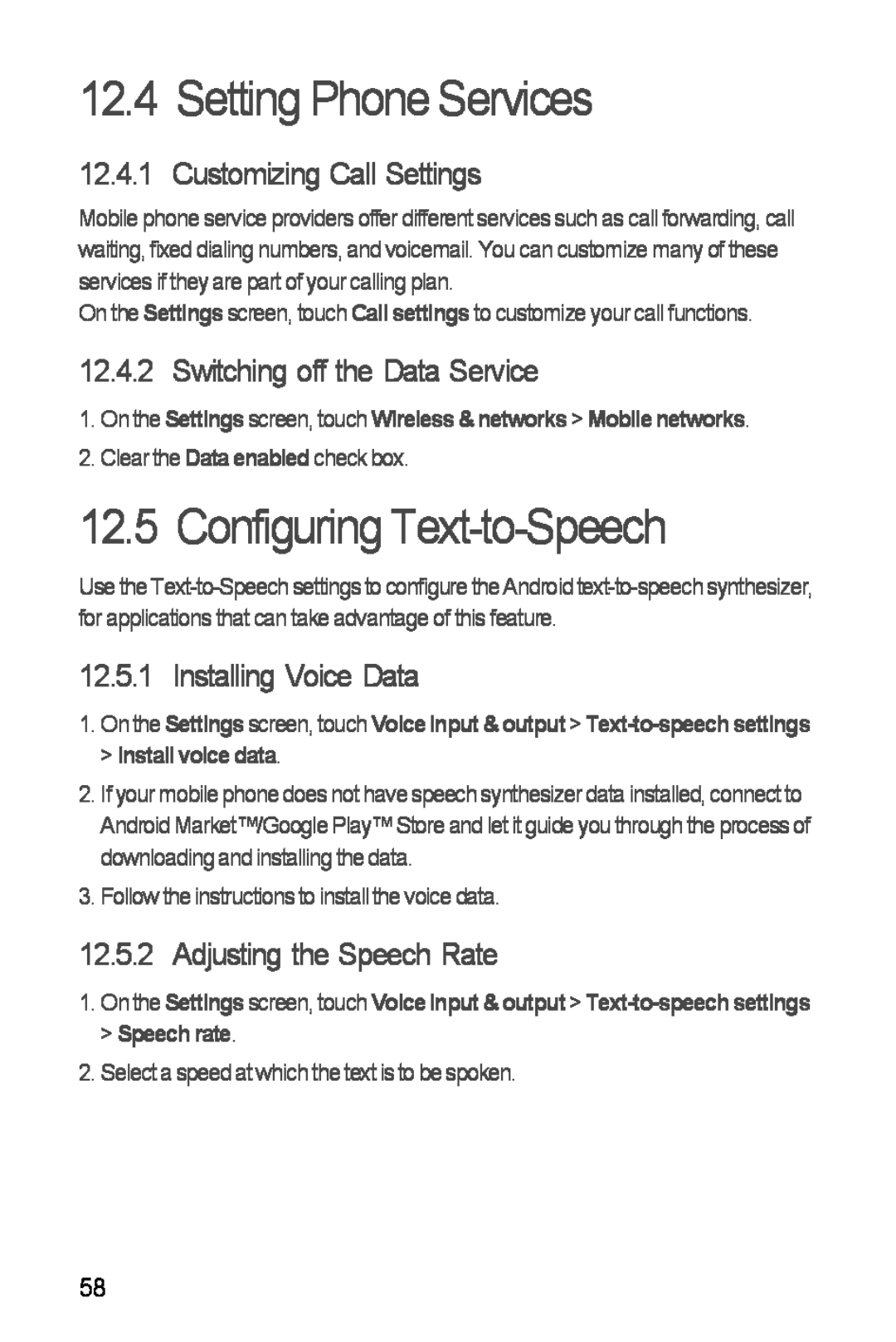 Huawei Ascend Y manual Setting Phone Services, Configuring Text-to-Speech, Customizing Call Settings, Installing Voice Data 