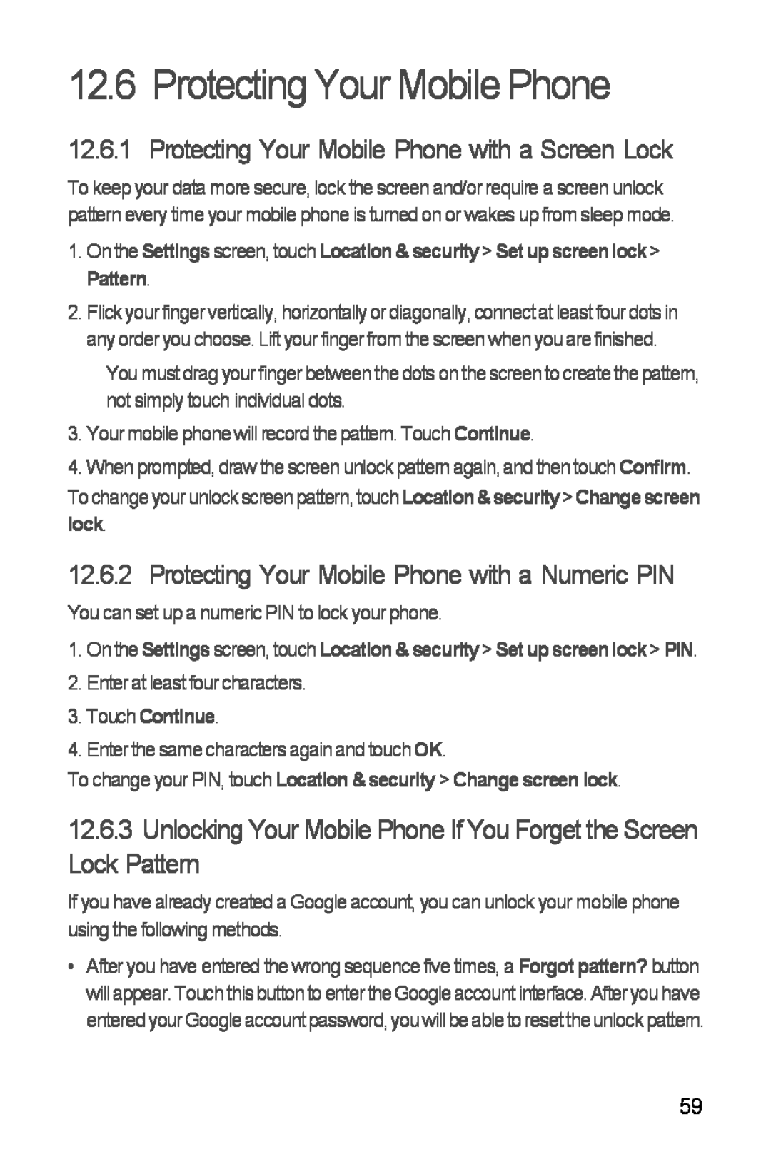 Huawei Ascend Y manual Protecting Your Mobile Phone with a Screen Lock, Protecting Your Mobile Phone with a Numeric PIN 