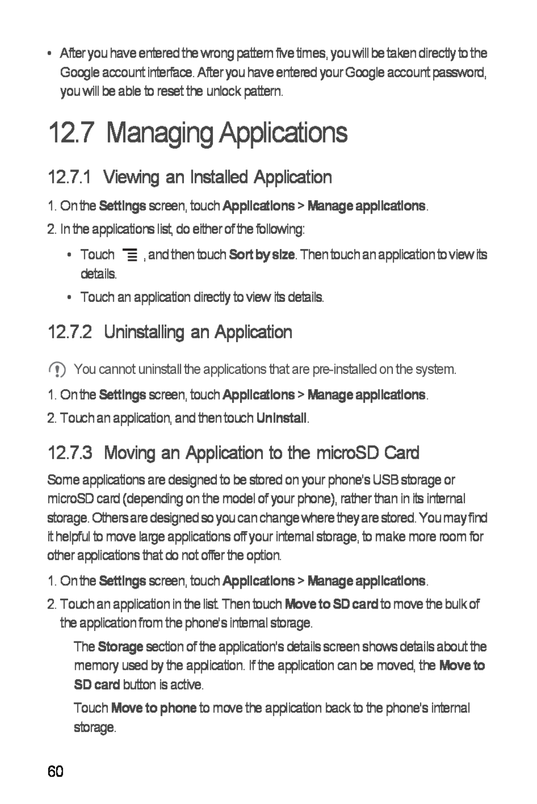 Huawei Ascend Y manual Managing Applications, Viewing an Installed Application, Uninstalling an Application 