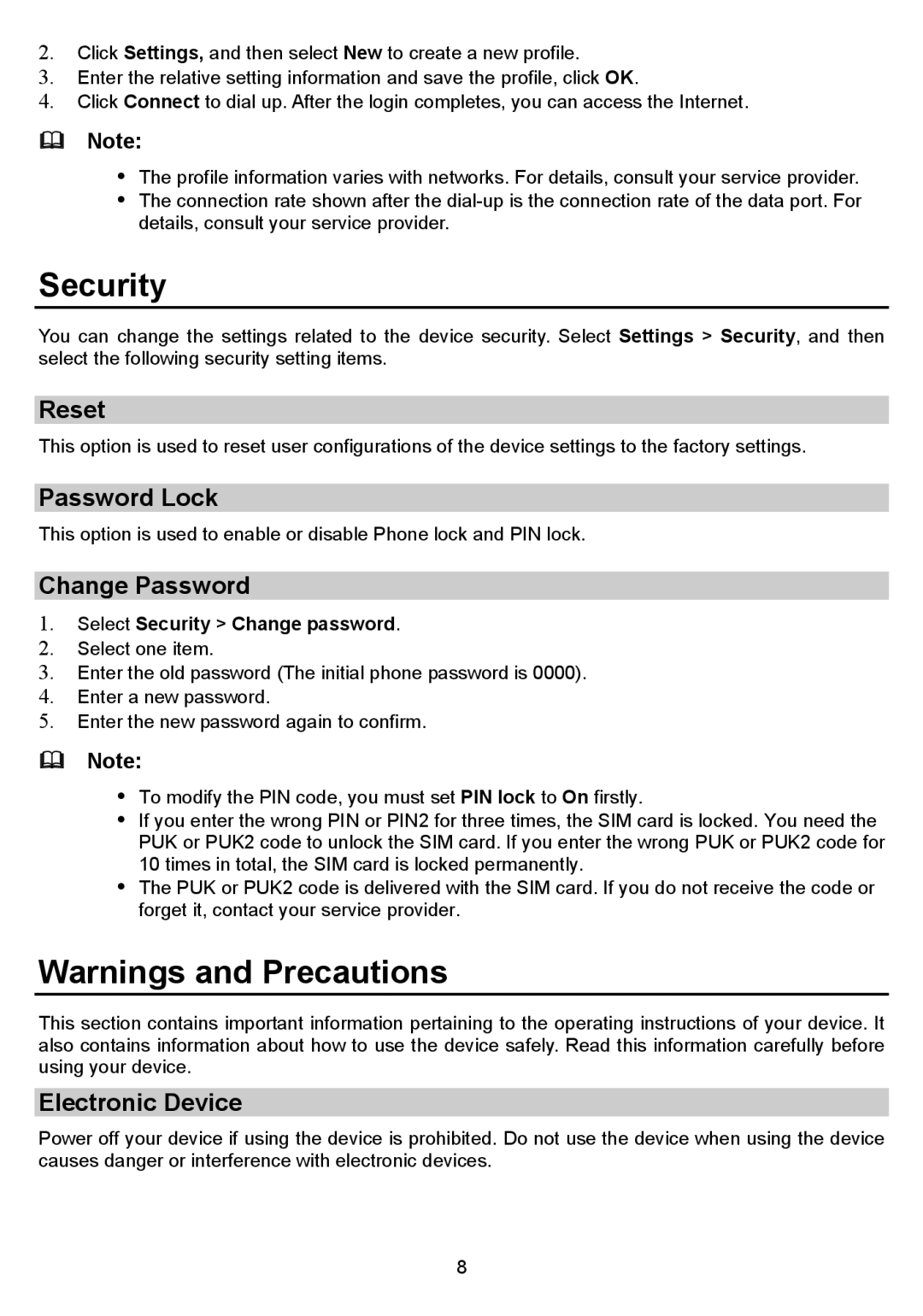 Huawei B160 manual Security, Reset, Password Lock, Change Password, Electronic Device 