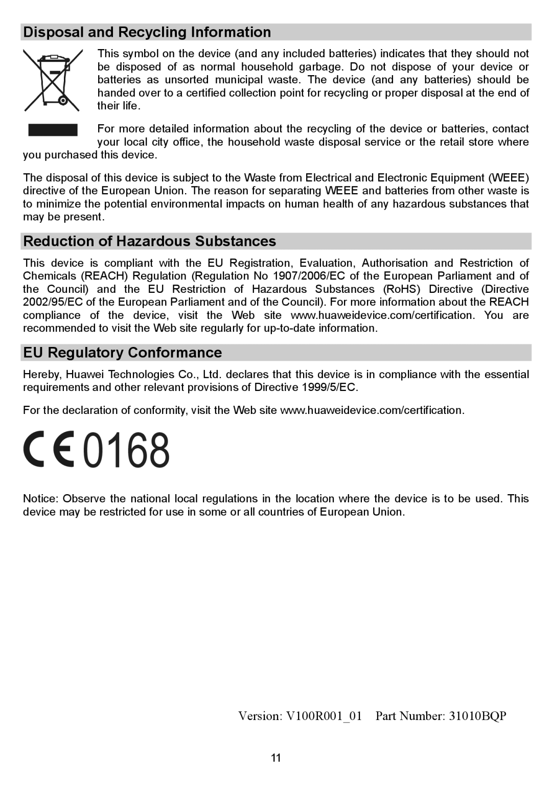 Huawei B160 manual Disposal and Recycling Information, Reduction of Hazardous Substances EU Regulatory Conformance 