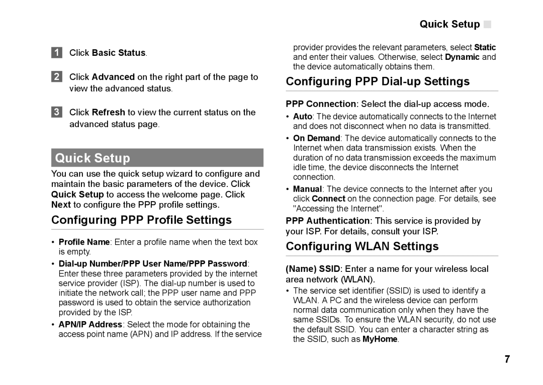 Huawei B260 Quick Setup, Configuring PPP Profile Settings, Configuring PPP Dial-up Settings, Configuring Wlan Settings 