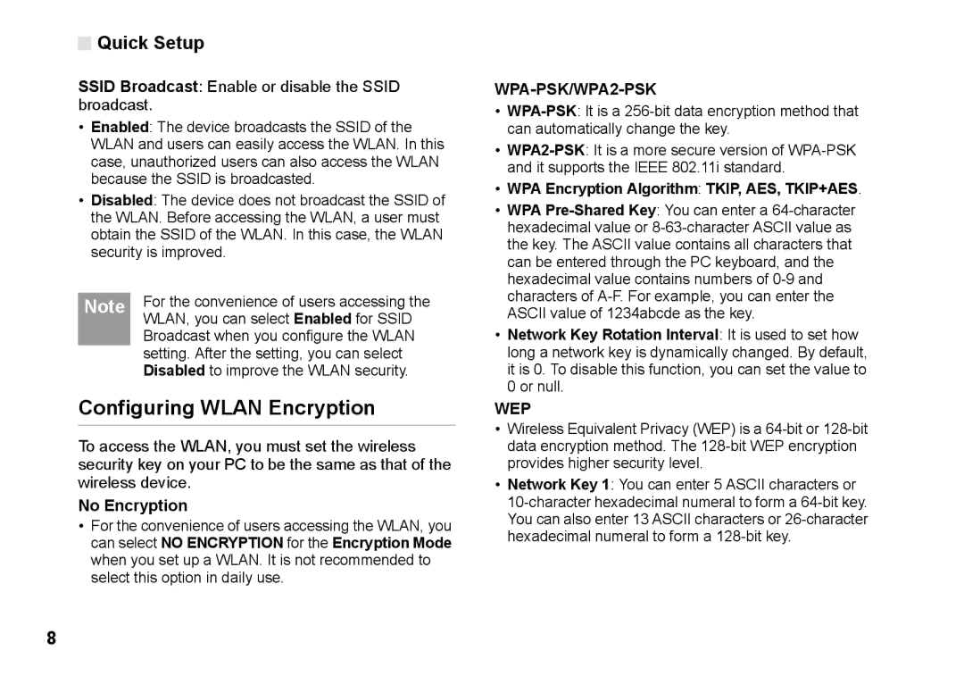 Huawei B260 manual Configuring Wlan Encryption, No Encryption, WPA Encryption Algorithm TKIP, AES, TKIP+AES 