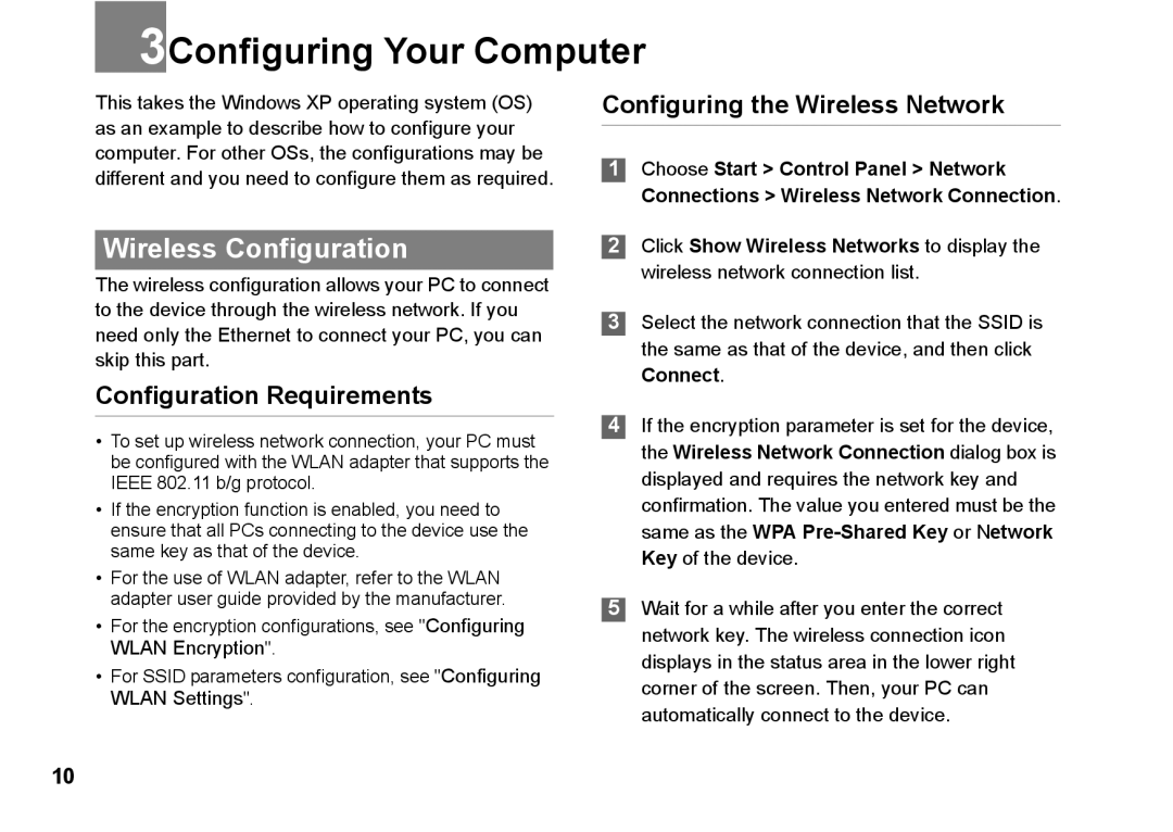 Huawei B260 manual 3Configuring Your Computer, Wireless Configuration, Configuration Requirements 