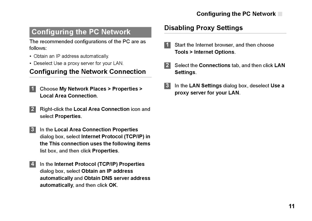 Huawei B260 manual Configuring the PC Network, Configuring the Network Connection, Disabling Proxy Settings 