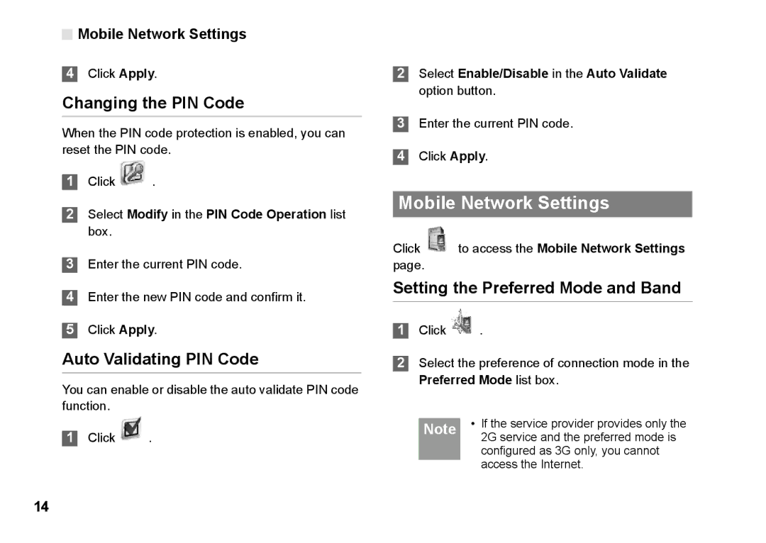 Huawei B260 Mobile Network Settings, Changing the PIN Code, Auto Validating PIN Code, Setting the Preferred Mode and Band 