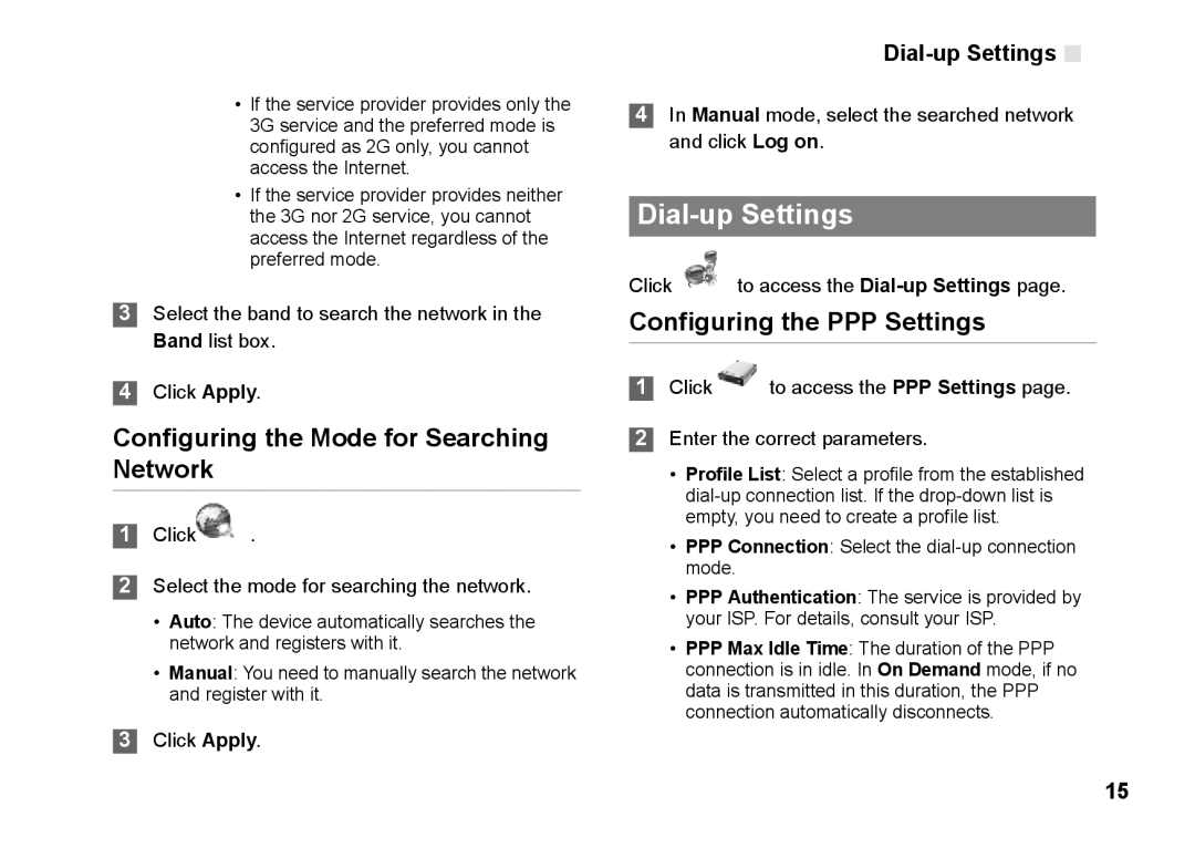 Huawei B260 manual Dial-up Settings, Configuring the Mode for Searching Network, Configuring the PPP Settings 