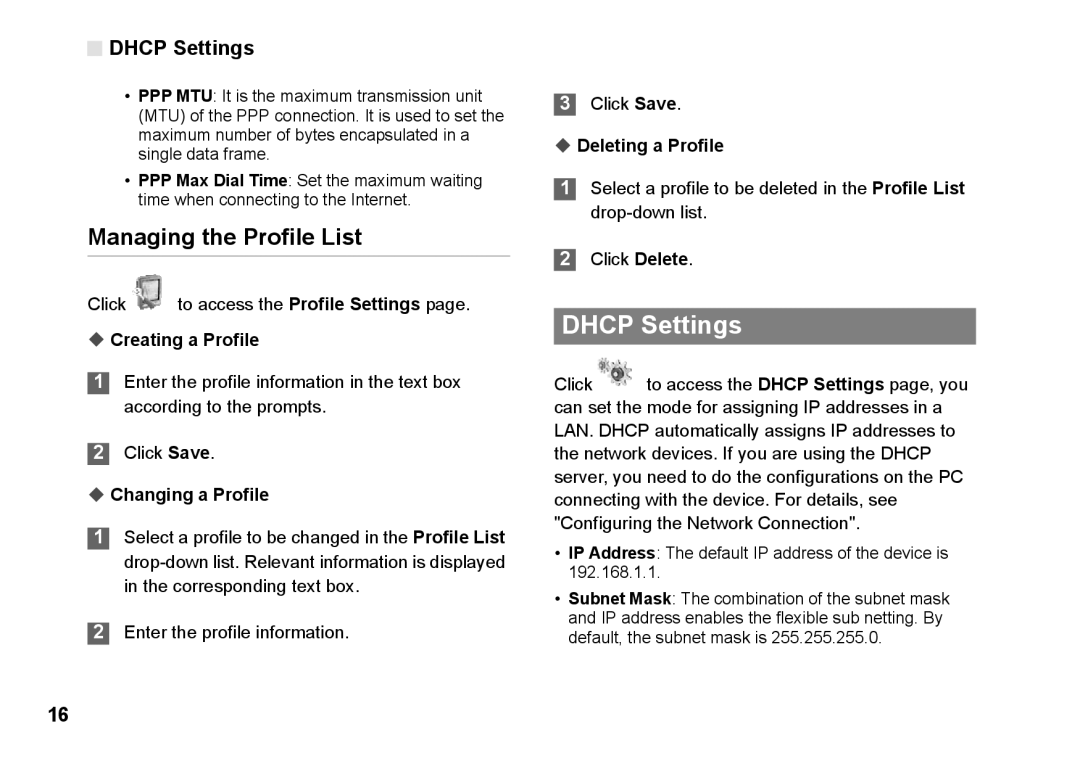 Huawei B260 manual Dhcp Settings, Managing the Profile List 