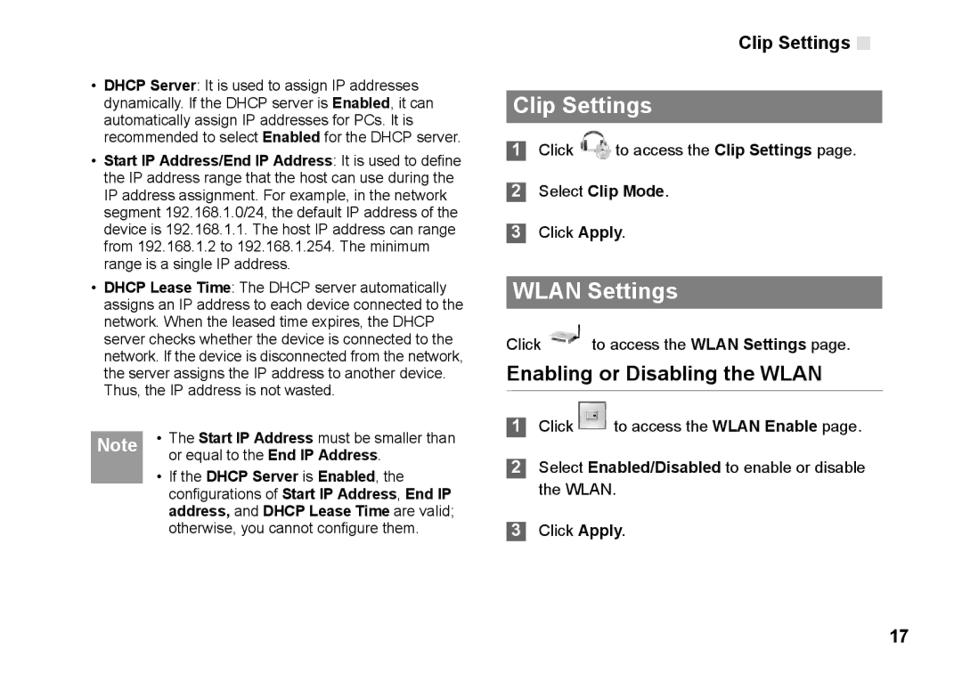 Huawei B260 manual Clip Settings, Wlan Settings, Enabling or Disabling the Wlan 