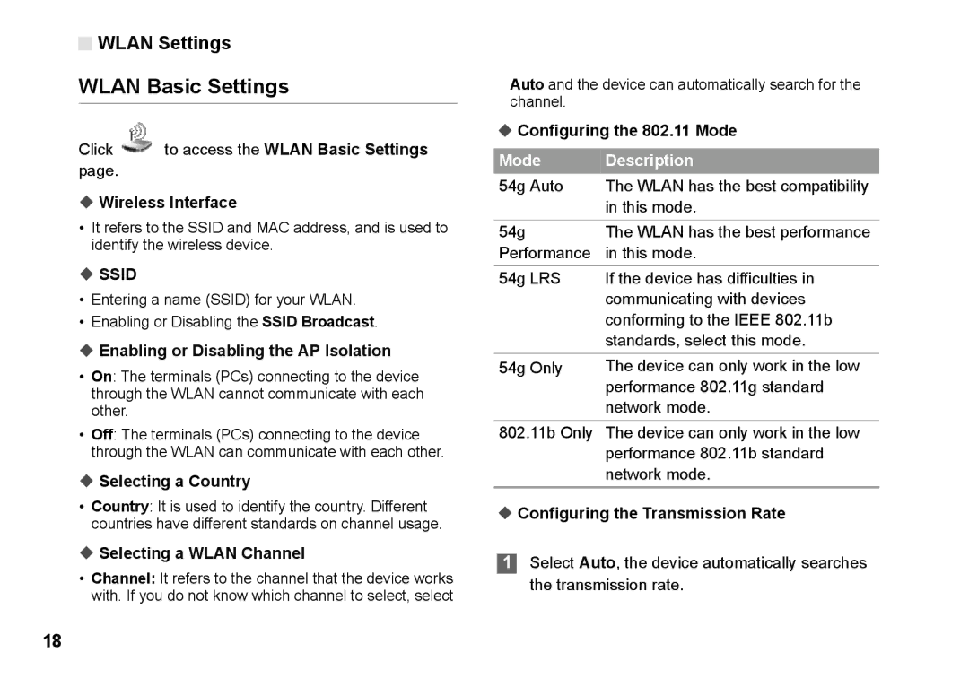 Huawei B260 manual Wlan Basic Settings, Wlan Settings 