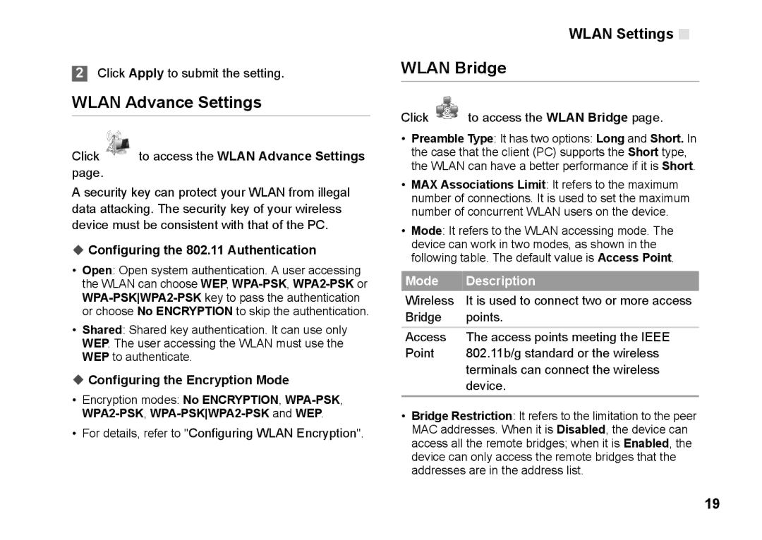 Huawei B260 manual Wlan Bridge, Click to access the Wlan Advance Settings, Configuring the 802.11 Authentication 