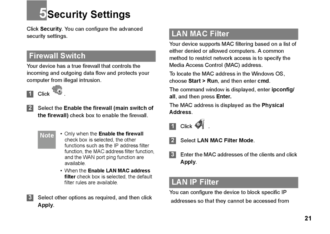 Huawei B260 manual 5Security Settings, Firewall Switch, LAN MAC Filter, LAN IP Filter 