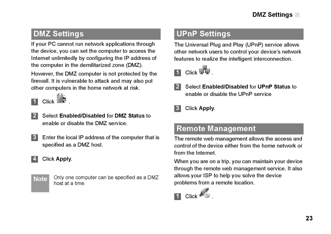 Huawei B260 manual DMZ Settings, UPnP Settings, Remote Management, Host at a time 