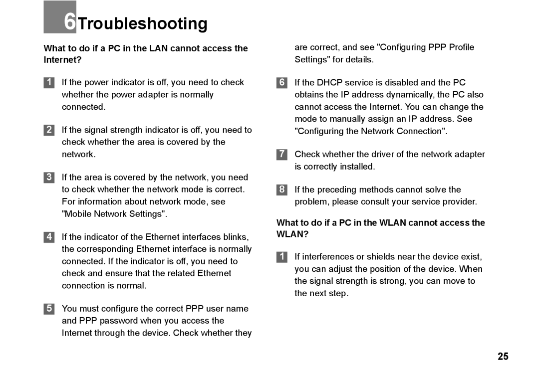 Huawei B260 manual 6Troubleshooting, What to do if a PC in the LAN cannot access the Internet? 