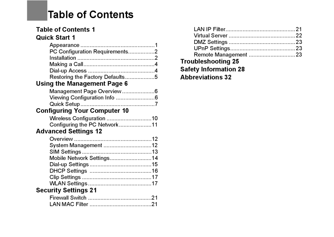 Huawei B260 manual Table of Contents 