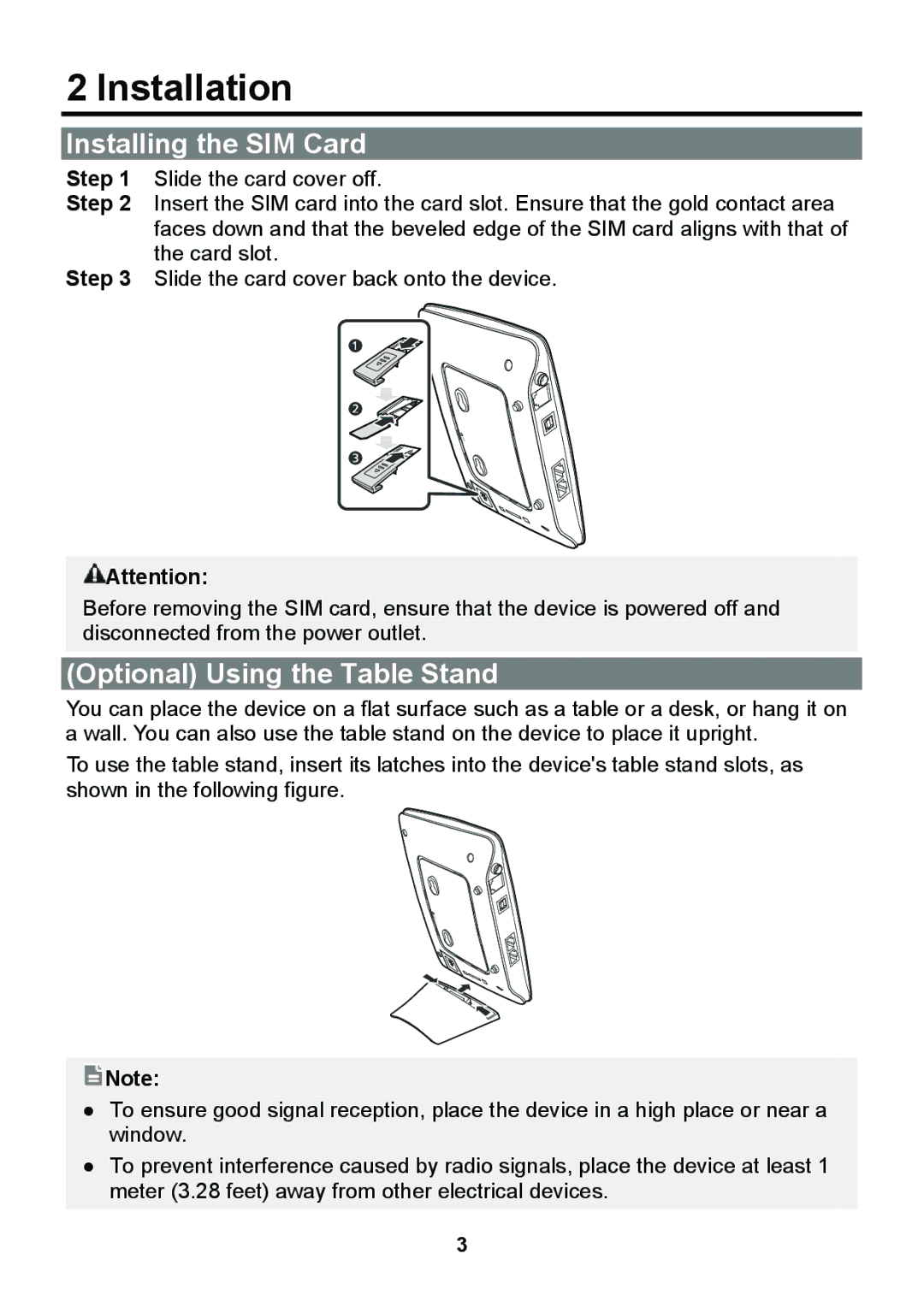 Huawei B681 quick start Installation, Installing the SIM Card, Optional Using the Table Stand 