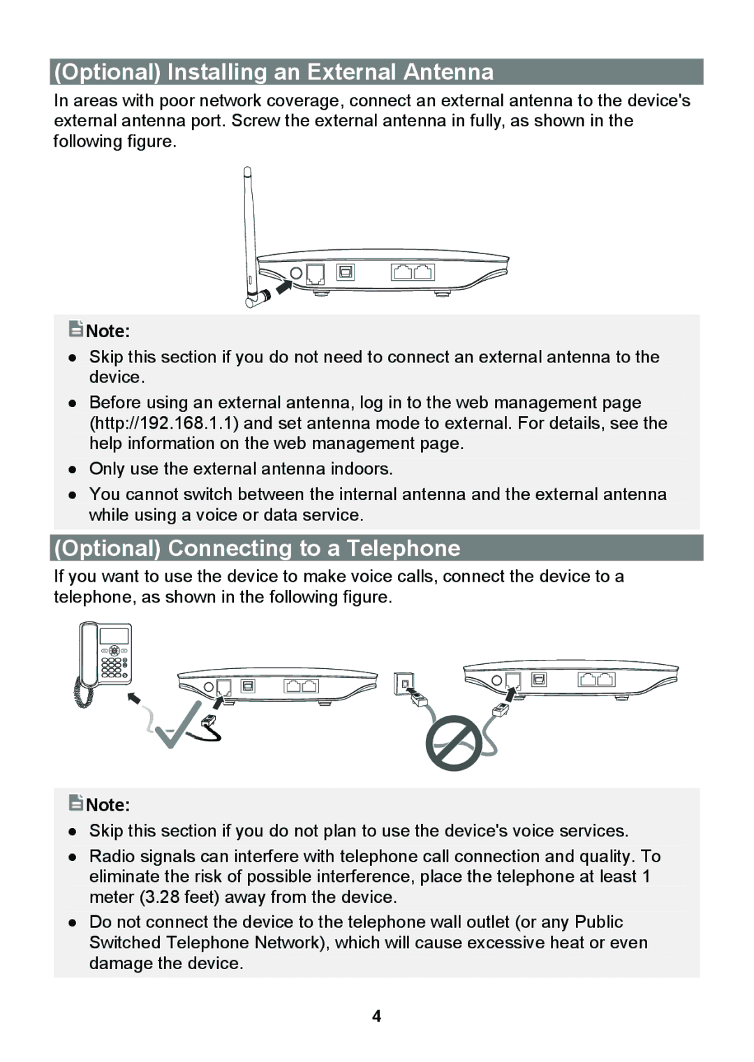 Huawei B681 quick start Optional Installing an External Antenna, Optional Connecting to a Telephone 