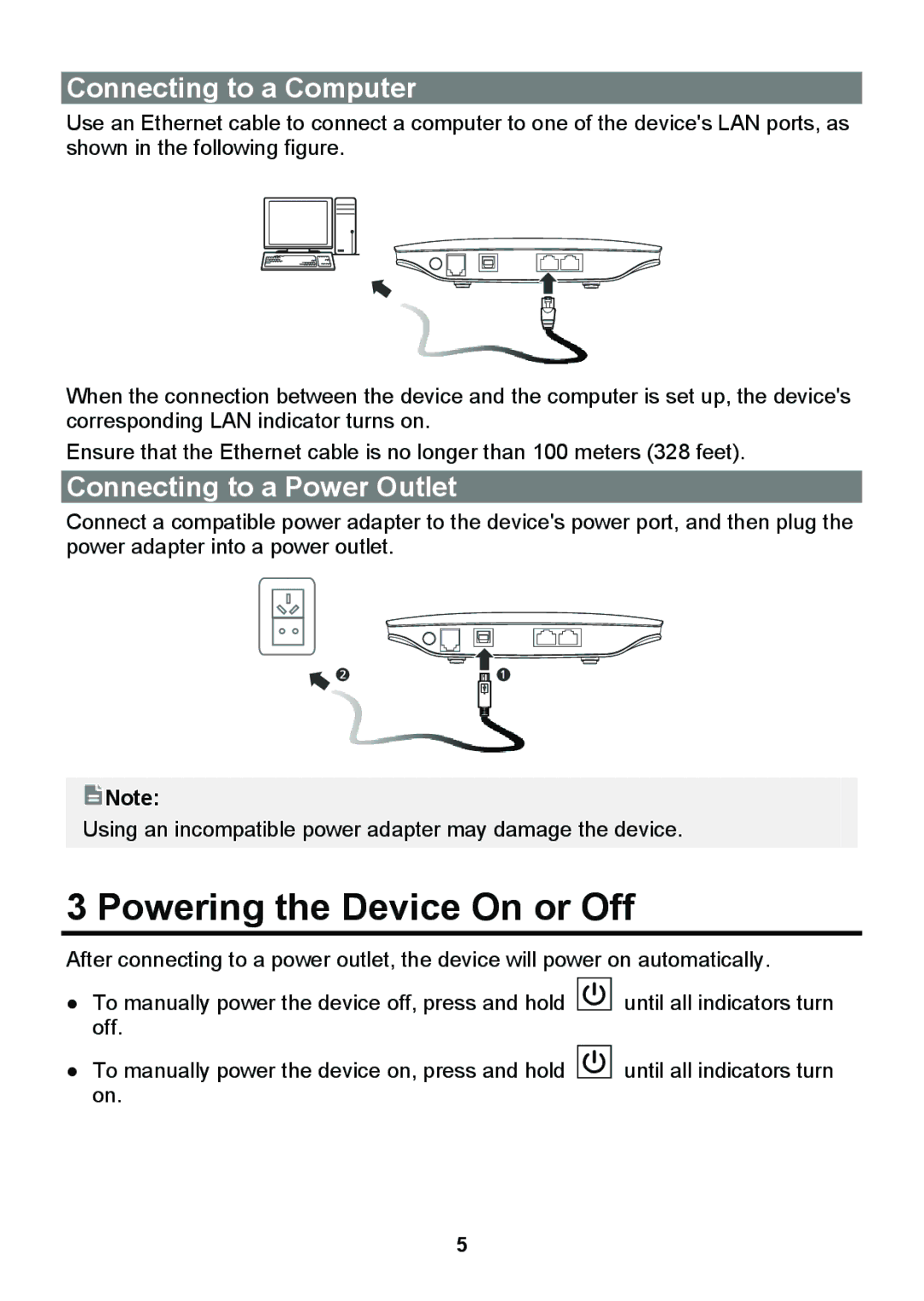 Huawei B681 quick start Powering the Device On or Off, Connecting to a Computer, Connecting to a Power Outlet 