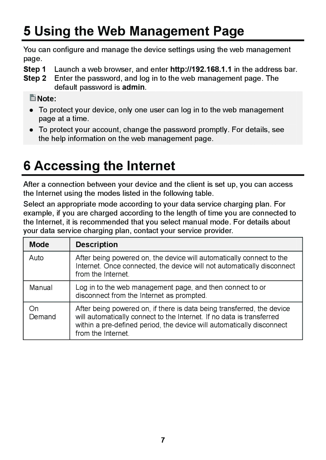 Huawei B681 quick start Using the Web Management, Accessing the Internet, Mode Description 