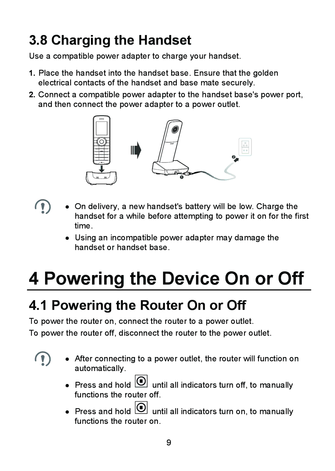 Huawei B686 manual Powering the Device On or Off, Charging the Handset, Powering the Router On or Off 