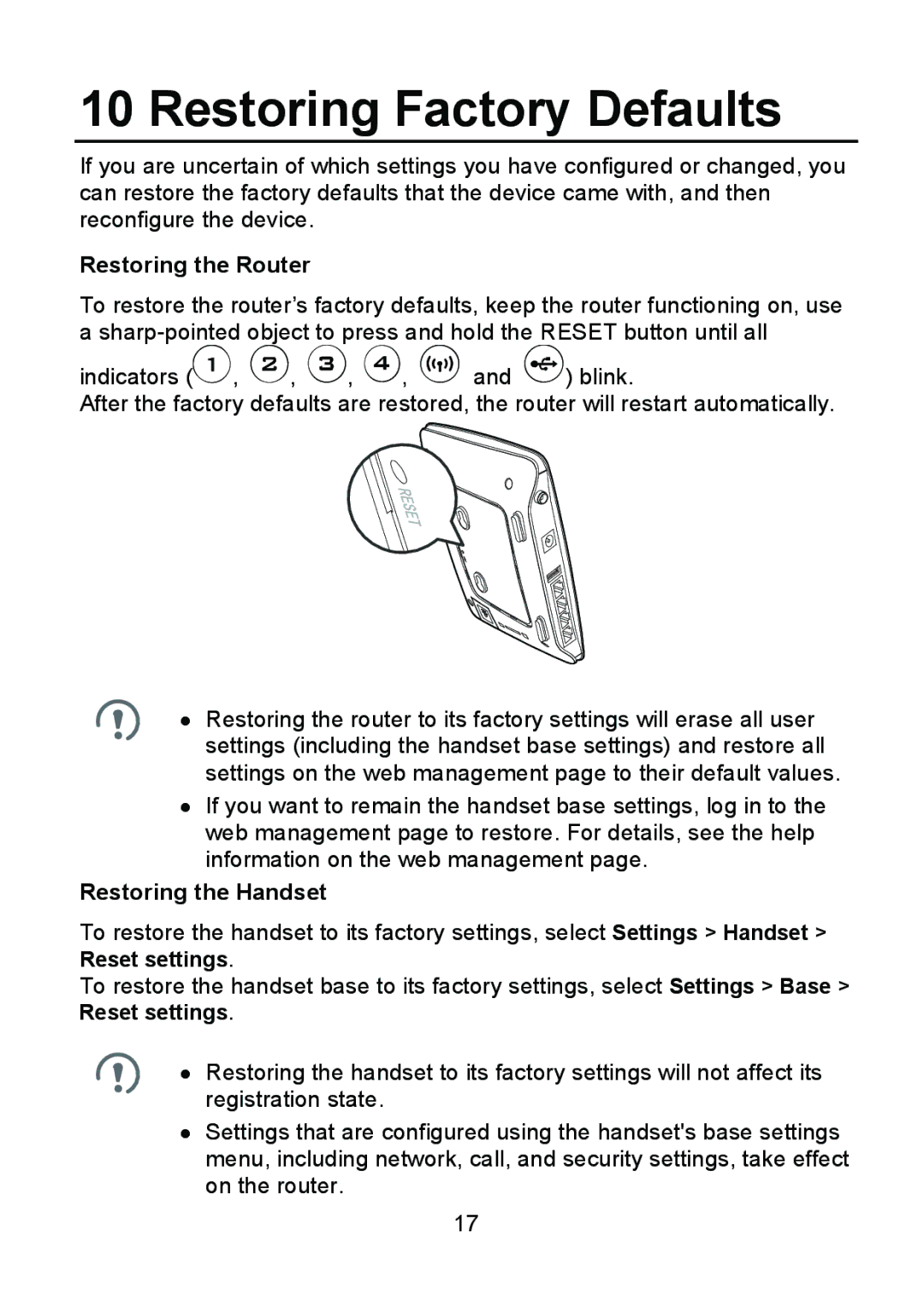 Huawei B686 manual Restoring Factory Defaults, Restoring the Router, Restoring the Handset 