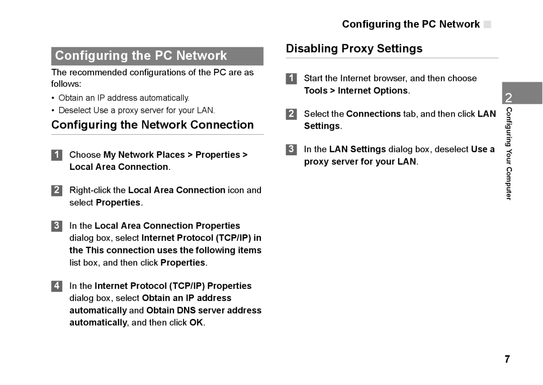 Huawei B970 manual Configuring the PC Network, Configuring the Network Connection, Disabling Proxy Settings 